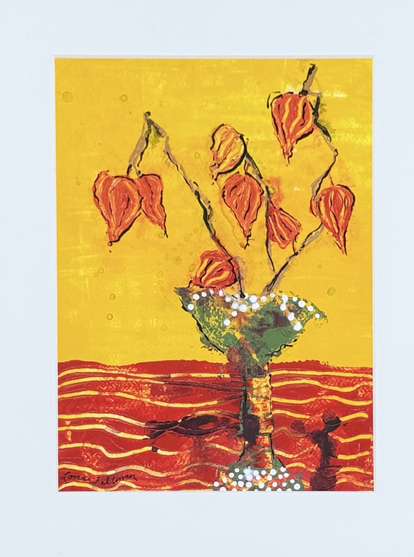 LONA FELDMAN, "CHINESE LANTERNS IN A GREEN VASE"