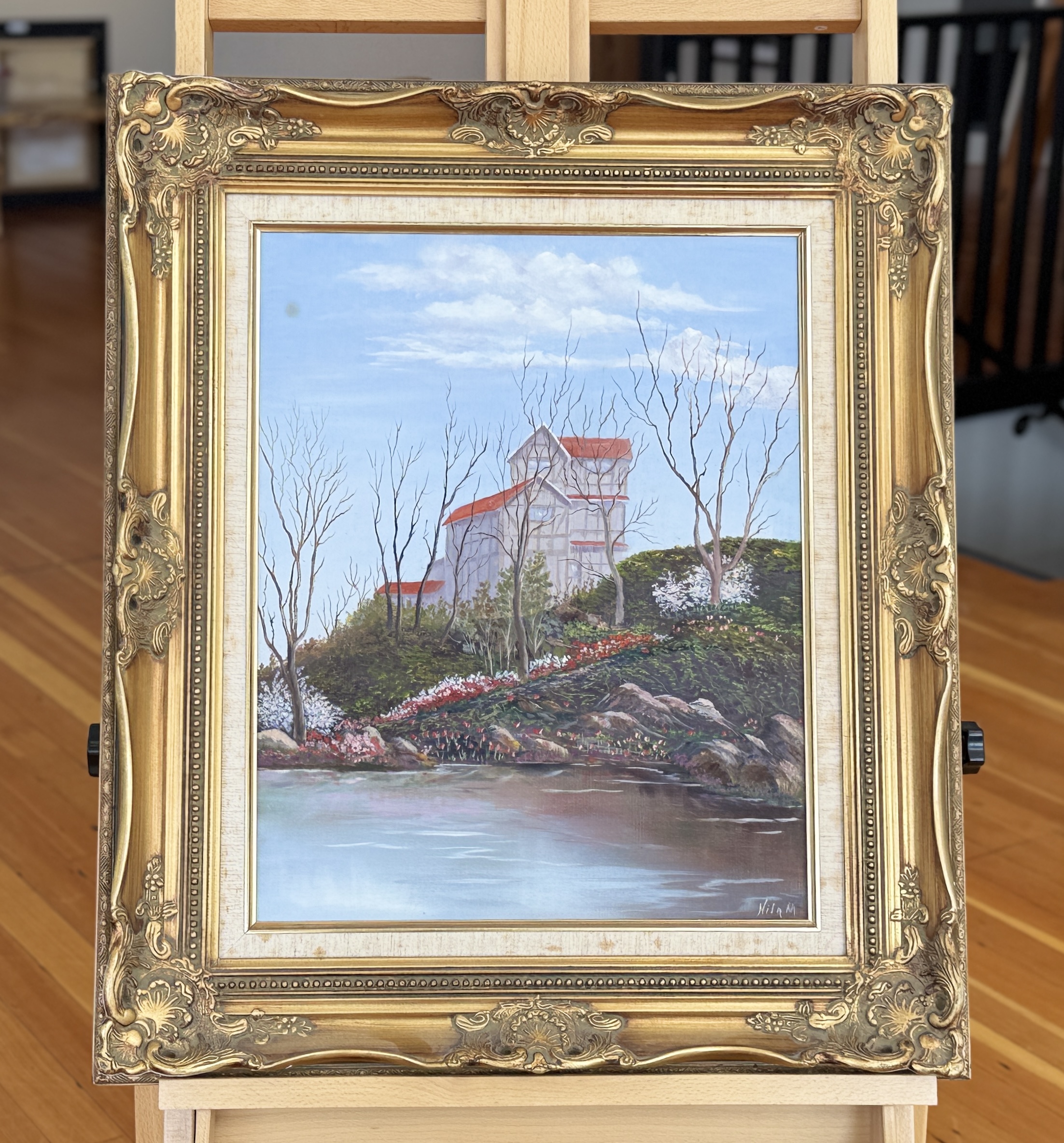 Building on Rocky Shoreline, Oil Painting