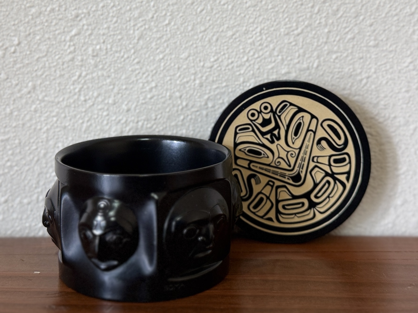 Boma Carved Black Stone Round Lidded Box #1