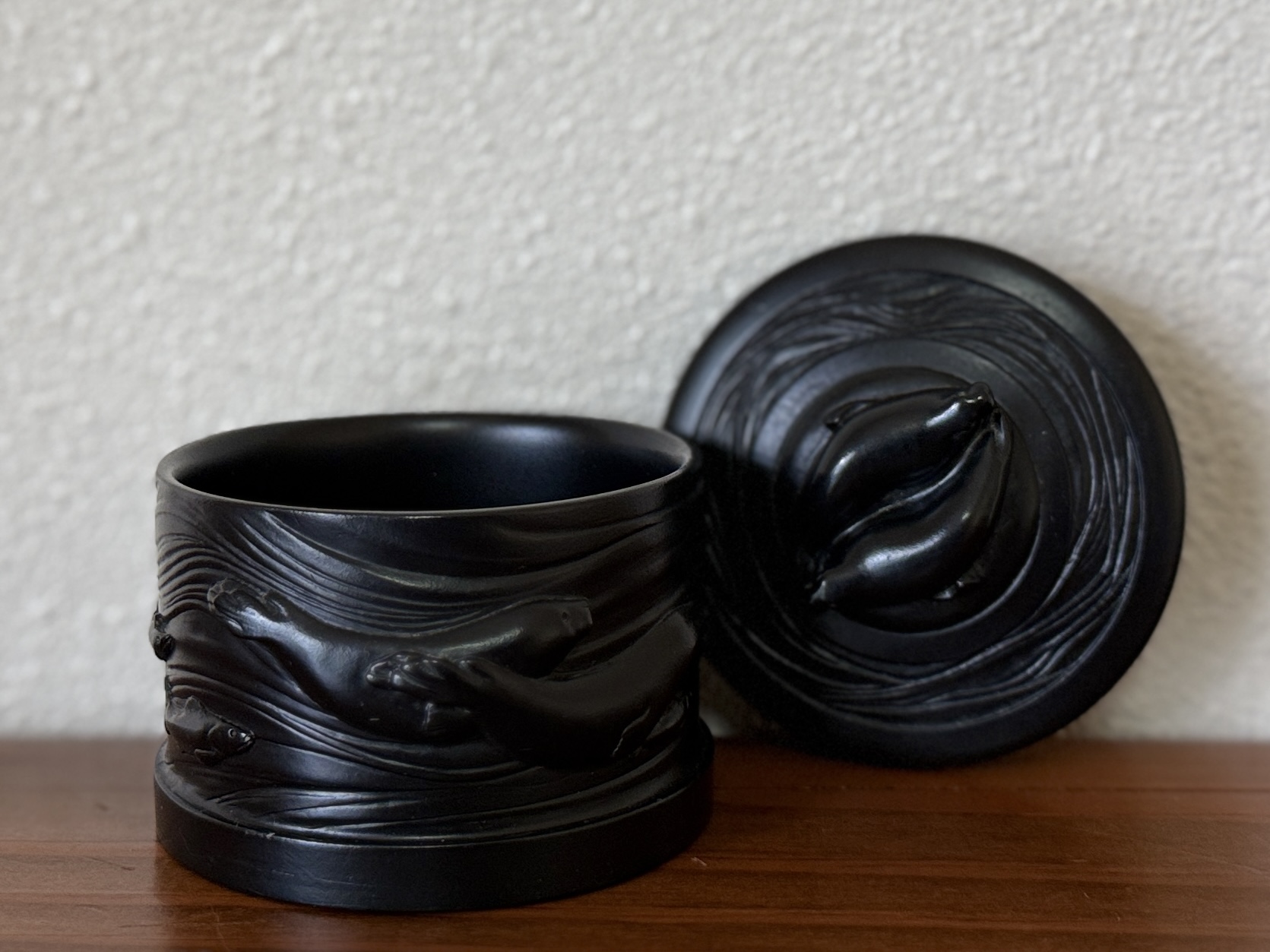 Boma Carved Black Stone Round Lidded Box #2
