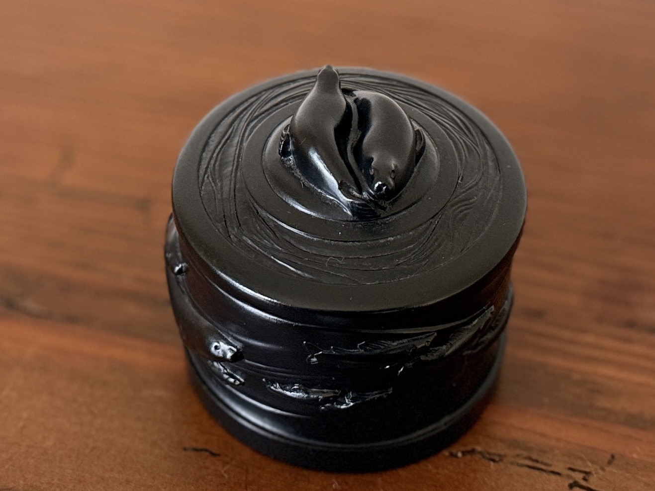 BOMA CARVED BLACK STONE ROUND LIDDED BOX #2