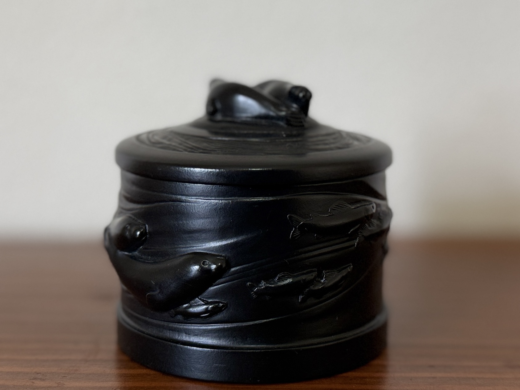 BOMA CARVED BLACK STONE ROUND LIDDED BOX #2