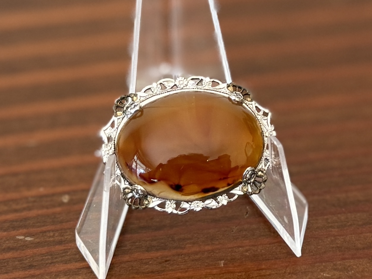 STERLING SILVER & AMBER BROOCH