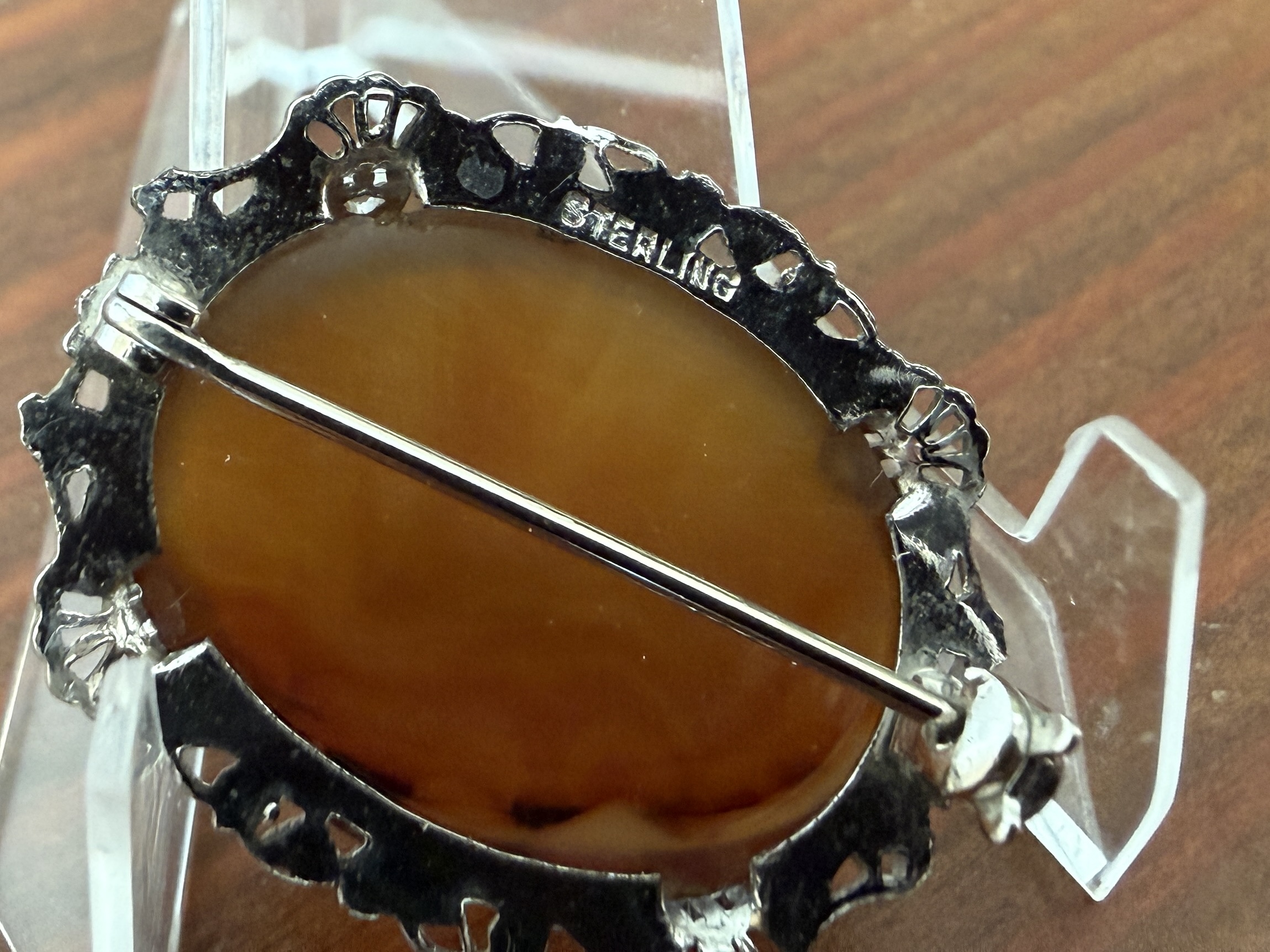 STERLING SILVER & AMBER BROOCH