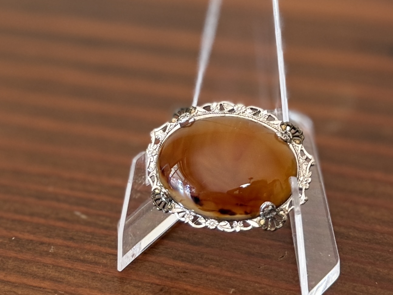 STERLING SILVER & AMBER BROOCH