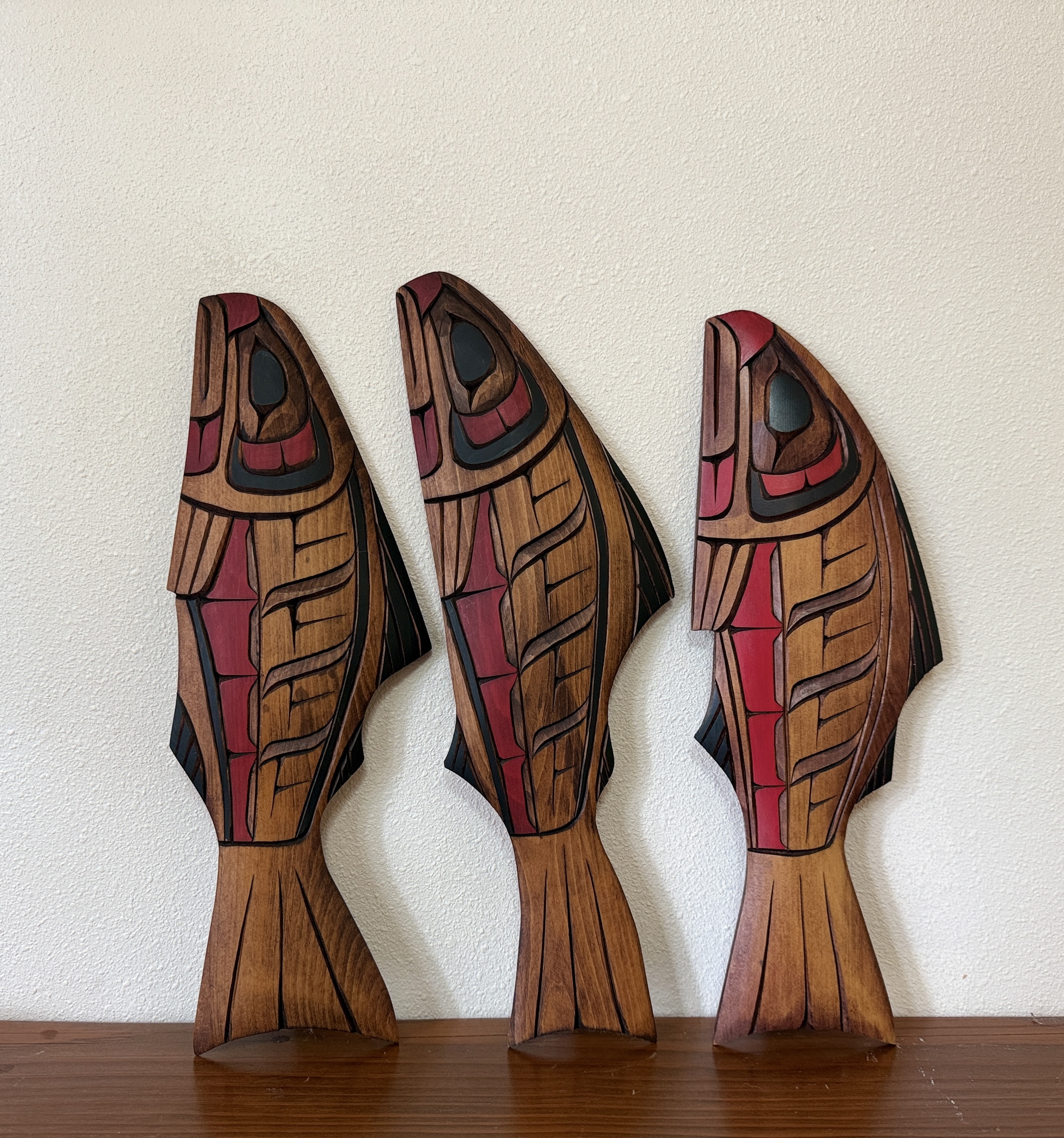 Glen Edwards, Three Salmon Carved on Cedar