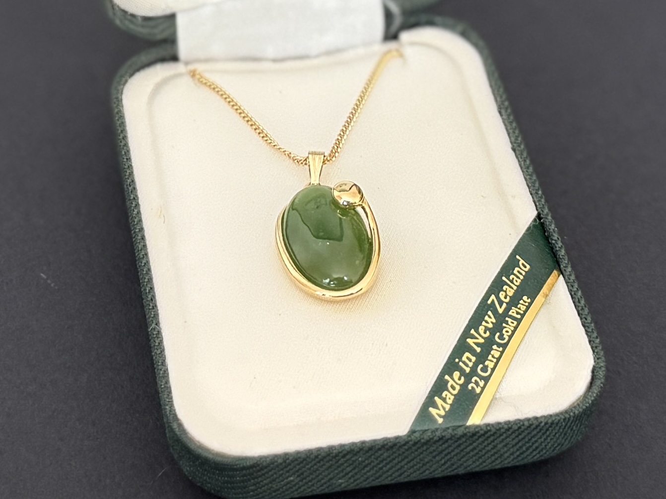 NEPHRITE JADE CABOCHON PENDANT ON 22K GOLD PLATE