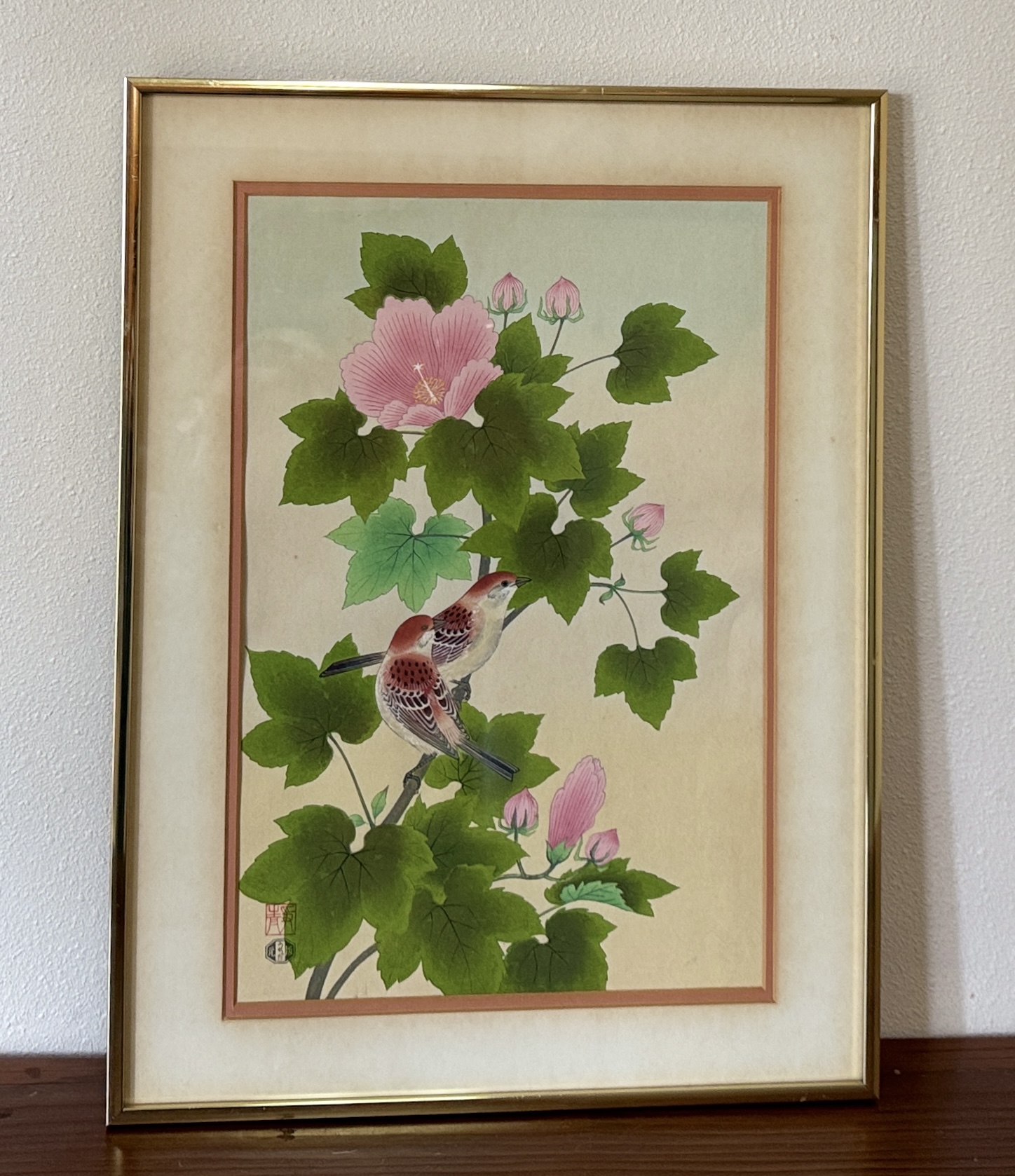 UCHIDA ART, HIBISCUS WITH SONGBIRD POLYCHROME WOODCUT