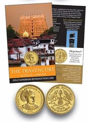 The Travancore Kingdom Dynasty Gold Sovereign Reproduction Coin with History Folder