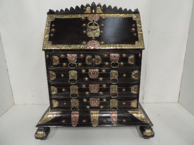 Antique Dutch East India Sri Lanka Embossed Brass & Copper Solid Teak Fall Front Four Drawer 