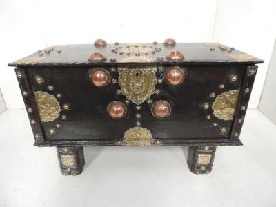 Antique Dutch East India Sri Lanka Solid Teak Embossed Brass & Copper Mule Chest / Trunk on Stand