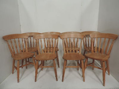 Set of Eight Matching Pine Farmhouse Kitchen Chairs with Turned Spindle Backs