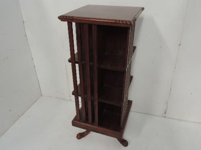 Mahogany Three Tier Square Revolving Library Bookcase on Ball & Claw Feet