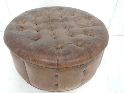 Antique Deep Button Brown Leather Circular Upholstered Stool 32" in Diameter