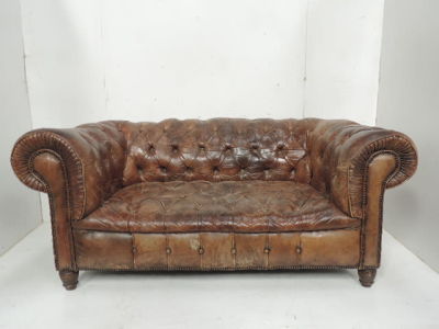 Antique Deep Button Brown Leather Upholstered Two Seater Chesterfield Settee on Turned Legs