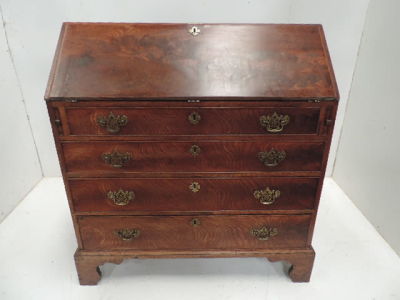George III Flame Mahogany Fall Front Four Drawer Bureau with Fitted Interior & Brass Drop Handles
