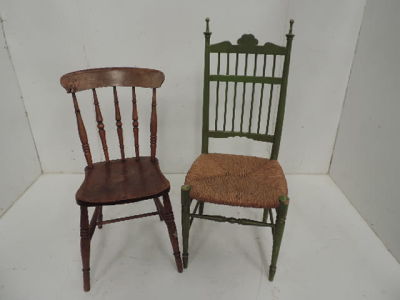 19th Century Farmhouse Kitchen Chair Plus One Other Rush Seat Chair Painted