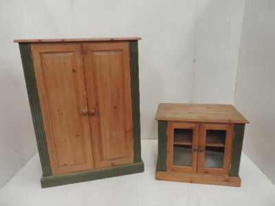 Pine & Decorated Two Door Linen Cupboard Plus Matching Small Glass Cabinet