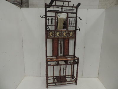 Early 20th Century Oriental Bamboo Minton Tile Back Hall/Umbrella Stand with Cast Iron 