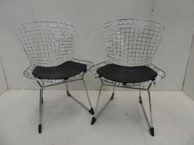 Pair of Harry Bertoia Style Steel Mesh Dining Chairs with Back Leather Seat Cushions