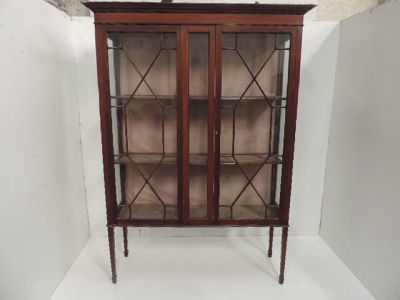Late 19th Century Mahogany & Satinwood Inlay Double Astrical Glass Door Display Cabinet on 