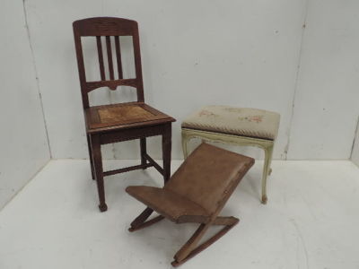 Continental Art Deco Oak Rush Seat Chair Plus Cream Painted Louis XV Style Stool & Gout Stool