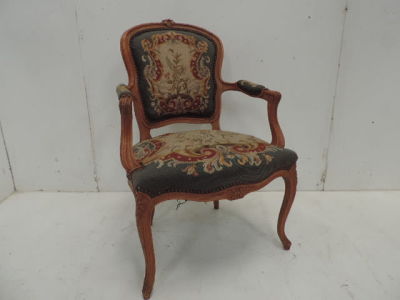 French Carved Beech Frame Louis XV Fauteuils Tapestry Upholstered Armchair