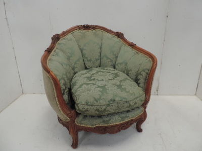 Late 19th Century French Carved Polished Elm Upholstered Green Damask Tub/Armchair with Cushion 