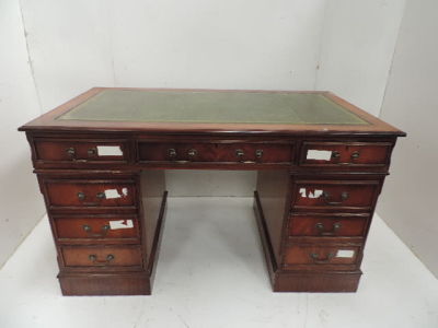 Reproduction Mahogany Twin Pedestal Desk with Tooled Green Leather Top