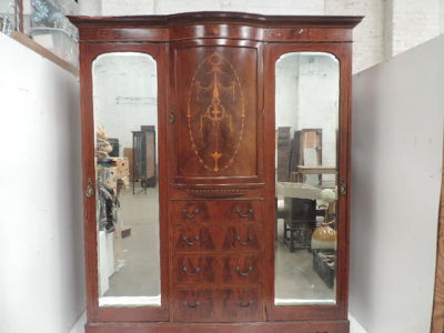 Large Edwardian Mahogany & Satinwood Three Section Twin Mirror Door Wardrobe with Chest
