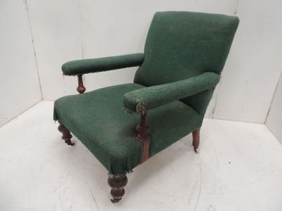 Victorian Mahogany Upholstered Library Open Armchair on Turned Legs & Supports with Porcelain 