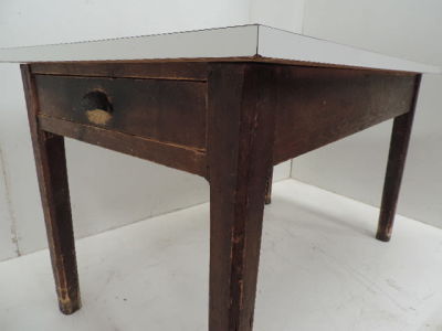 Victorian Rectangular Stained Pine Kitchen Table with Drawer & Covered Top