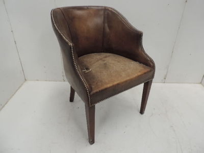 Antique Tan Leather Upholstered Tub Library/Desk Chair on Square Tapered Legs