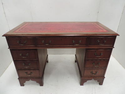 Reproduction Mahogany Twin Pedestal Desk with Red Tooled Leather Top