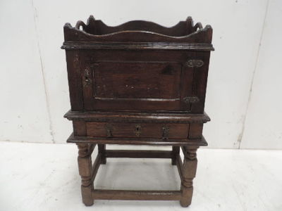 18th Century Oak Turned Joint Stool Stand with Drawer & Cabinet Above & Gallery Top