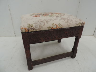 19th Century Carved Oak Apron Front Upholstered Joint Stool