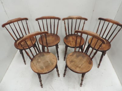 Set of Six Victorian Circular Turned Seat Spindle Back Kitchen Farmhouse Chairs