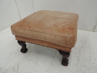 Square Tan Leather Cushion Top Foot Stool on Short Cabriole Legs