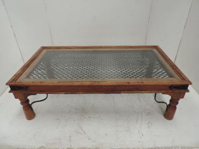 Indian Teak Rectangular Coffee Table with Glass Cover Top Over Wrought Iron Grill