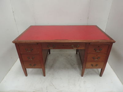 Edwardian Mahogany Twin Pedestal Desk on Square Tapered Legs & Drop Handles with Red Leather 