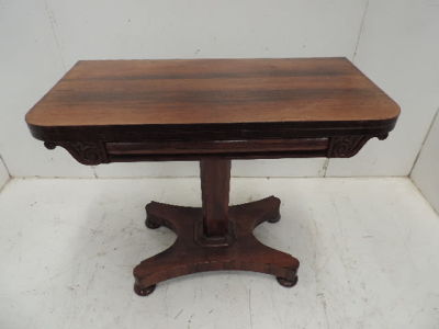 William IV Rosewood Single Pillar Fold Over Top Card Table on Four Point Base