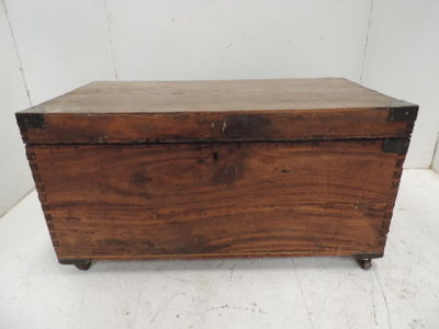 Victorian Teak Campaign Trunk with Brass Bound Corners & Handles