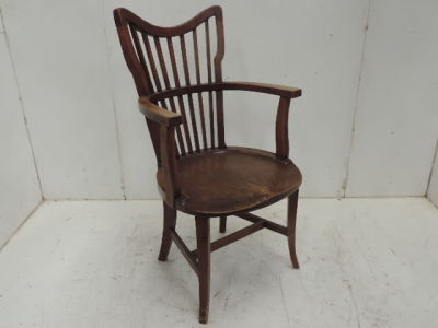 Arts & Crafts Mahogany Slatted Back Carved Seat Carver / Armchair