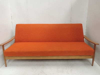 Mid Century Open Wooden Frame Settee / Sofa Bed Upholstered in Orange