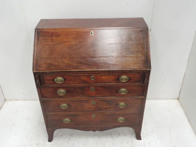 Georgian Mahogany Four Drawer Fall Front Bureau on Slayed Legs with Oval Plate Brass Handles