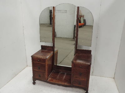 Art Deco Oak Full Length Tripple Mirror Dressing Table