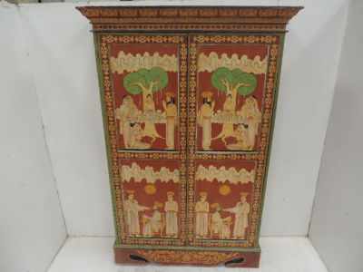 Sir Lankan Painted & Decorated Scene with Figures Two Door Cupboard with Cornice