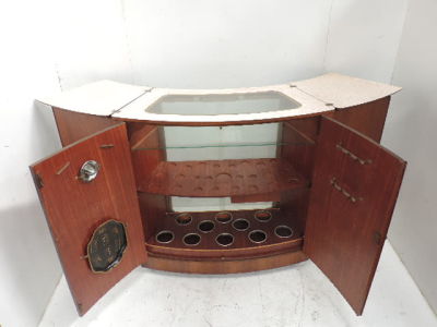 Mid Century Bow Front Mahogany & Padded Front Fitted Folding Cocktail Bar with Fitted Squeezer 