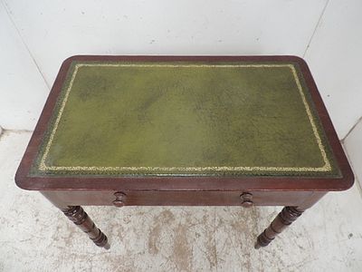 Early 19th Century Mahogany Single Drawer Writing Table on Turned Legs with Green Tooled Leather Top