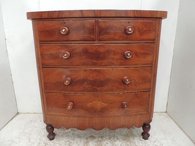 Victorian Flame Mahogany Two Over Three Drawer Bow Front Chest with Turned Legs & Handles